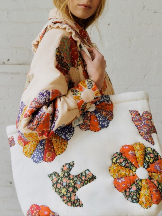 Sezane Handbags - Sezane X Sea NY Quilted Patchwork Maxi Tote Bag Multicolor Bird Print